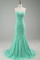 Prom Dress with Mint Spaghetti Straps and Appliques