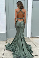 Long Sage Prom Dress with V Neck and Open Back in Mermaid Style