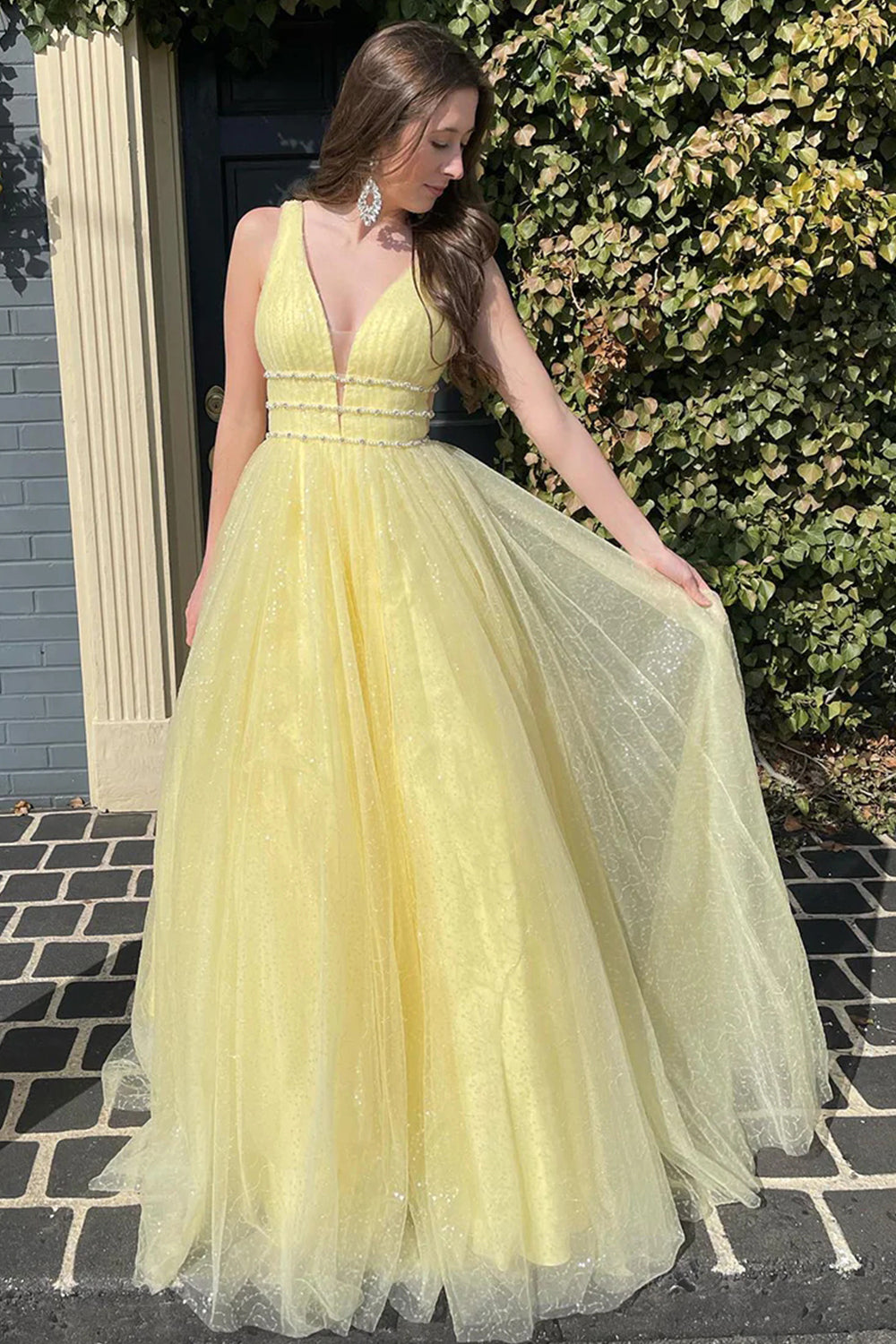 Long Beaded Prom Dress with Glitter Yellow Tulle in A-Line Style