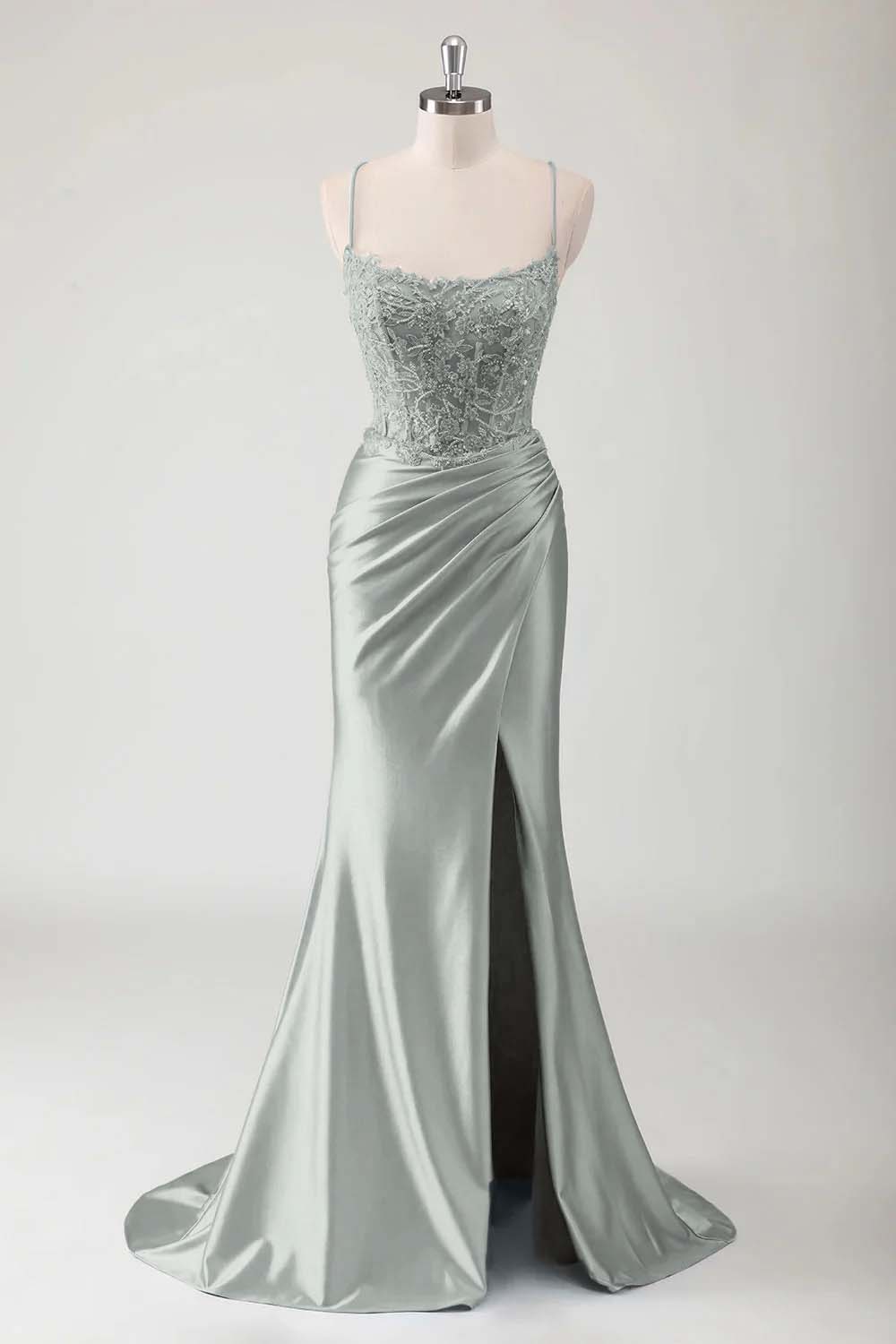 Spaghetti Strap Sleeveless Long High Split Formal Dress With Appliques