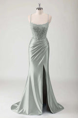 Spaghetti Strap Sleeveless Long High Split Formal Dress With Appliques