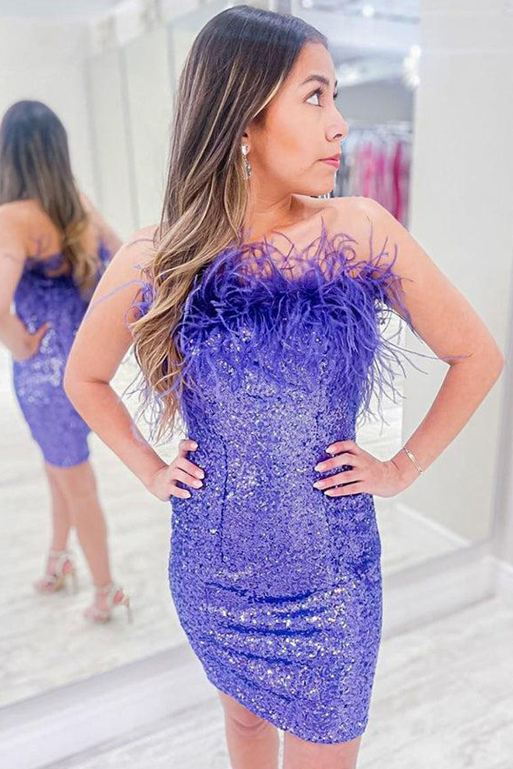 Blush Sparkly Tight Sequins Homecoming Dress/Mini Dress with Feathers