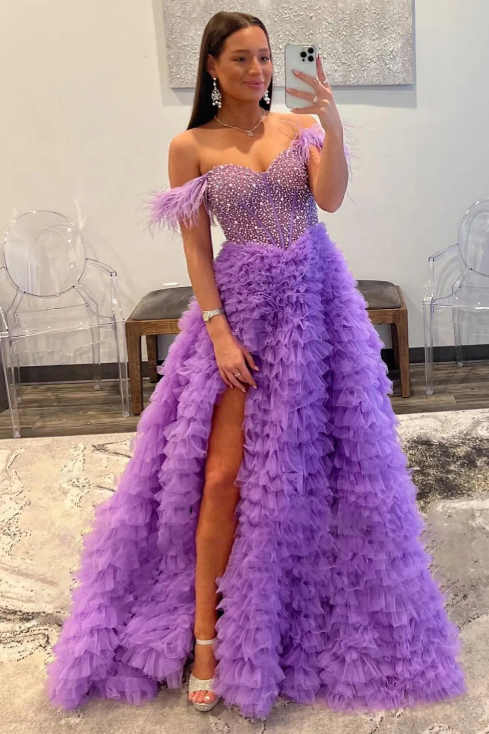A-Line Long Corset Prom Dress in Pink with Off the Shoulder Tulle Tiered Design and Beading