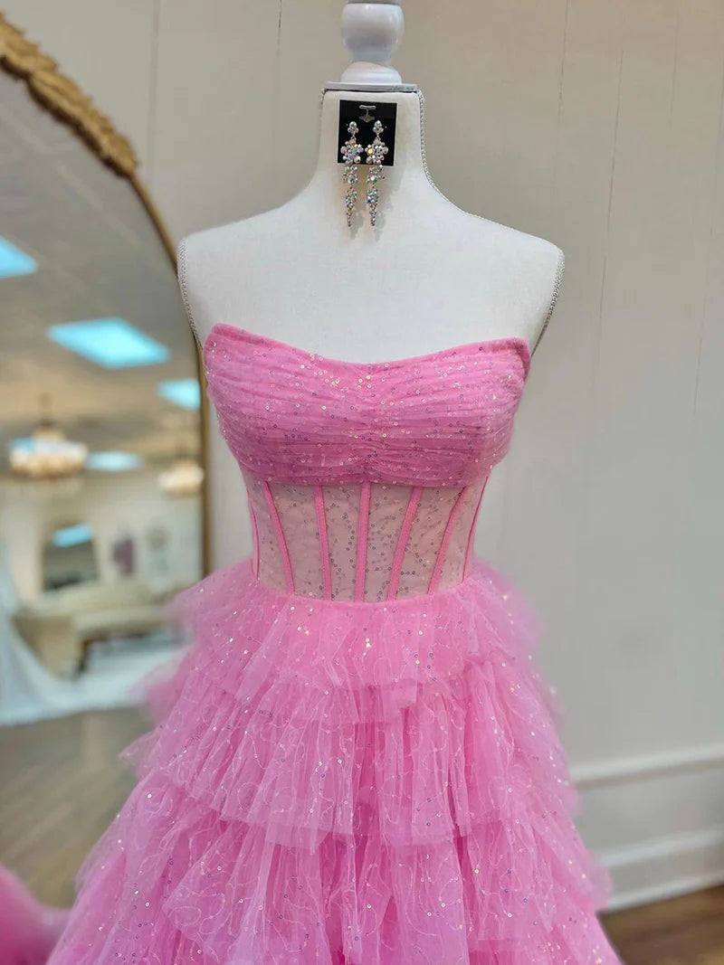 Strapless Long Prom Dress in Golden Tulle with Tiered Layers and Slit