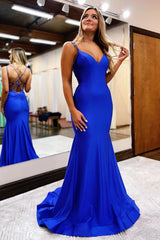 Simple Mermaid Prom Dress with Royal Blue Spaghetti Straps