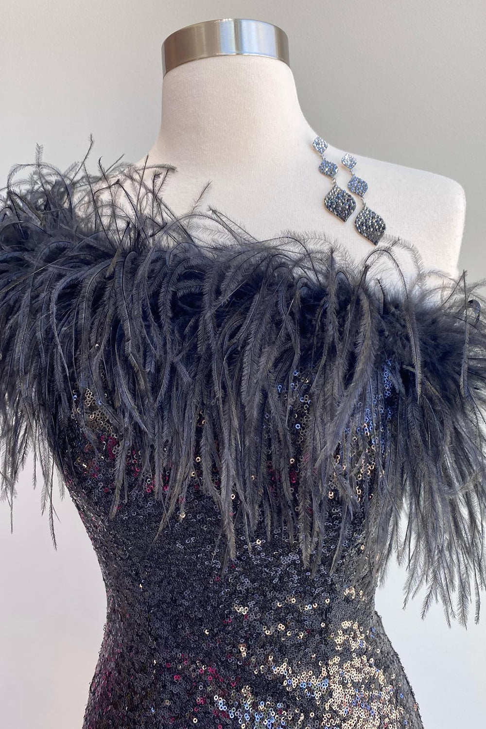 Blue Tight Sequins Homecoming Dress/Mini Dress with Feathers