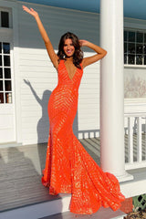 Red Sequined Long Prom Dress with Mermaid Deep V Neckline