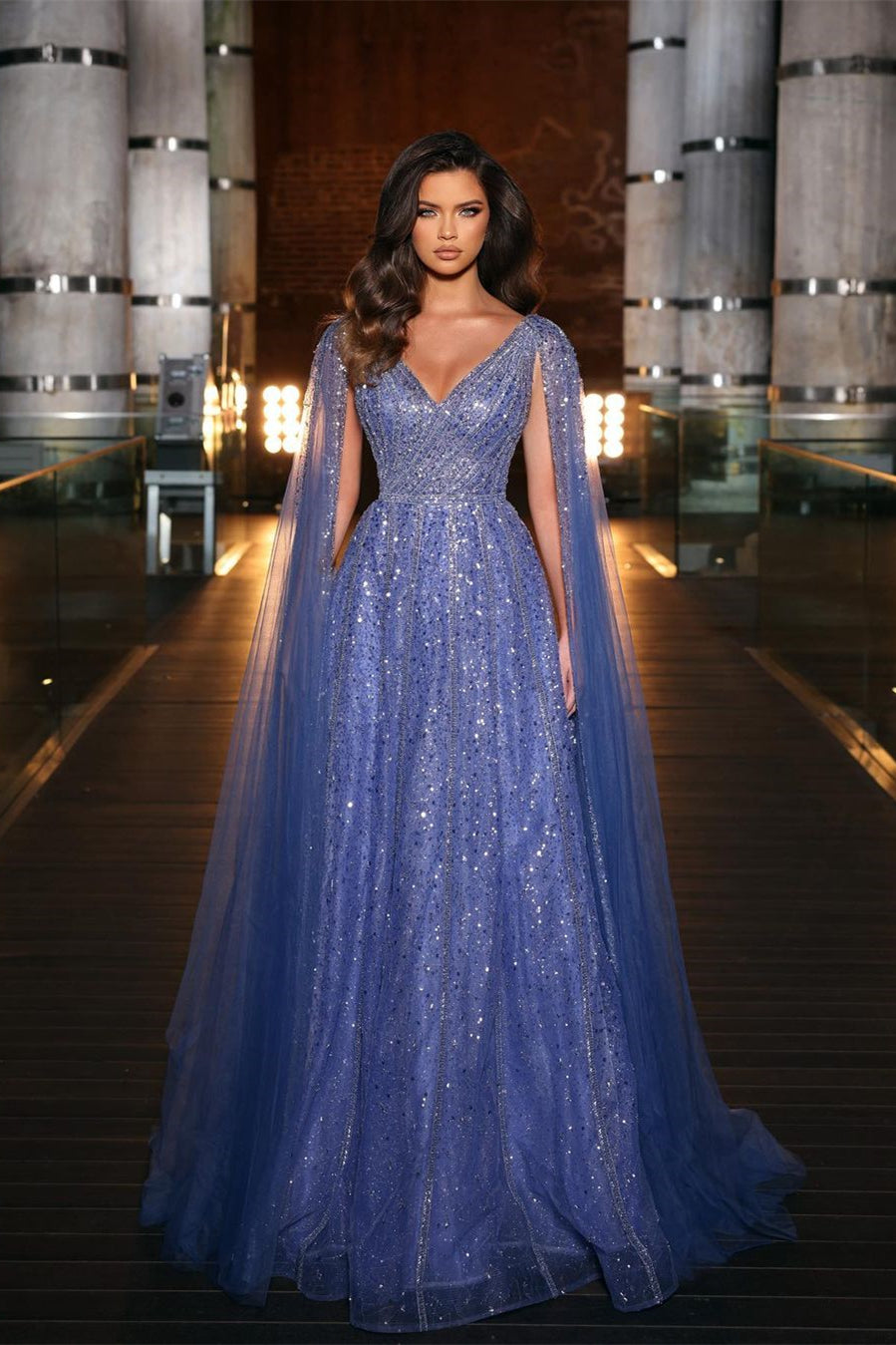Sheer Straps Watteau Blue Tulle Long Evening Dress With Sequins Beads