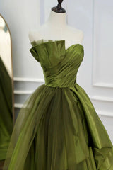Long Green Prom Dress with Asymmetrical Ruffled Strapless A-Line