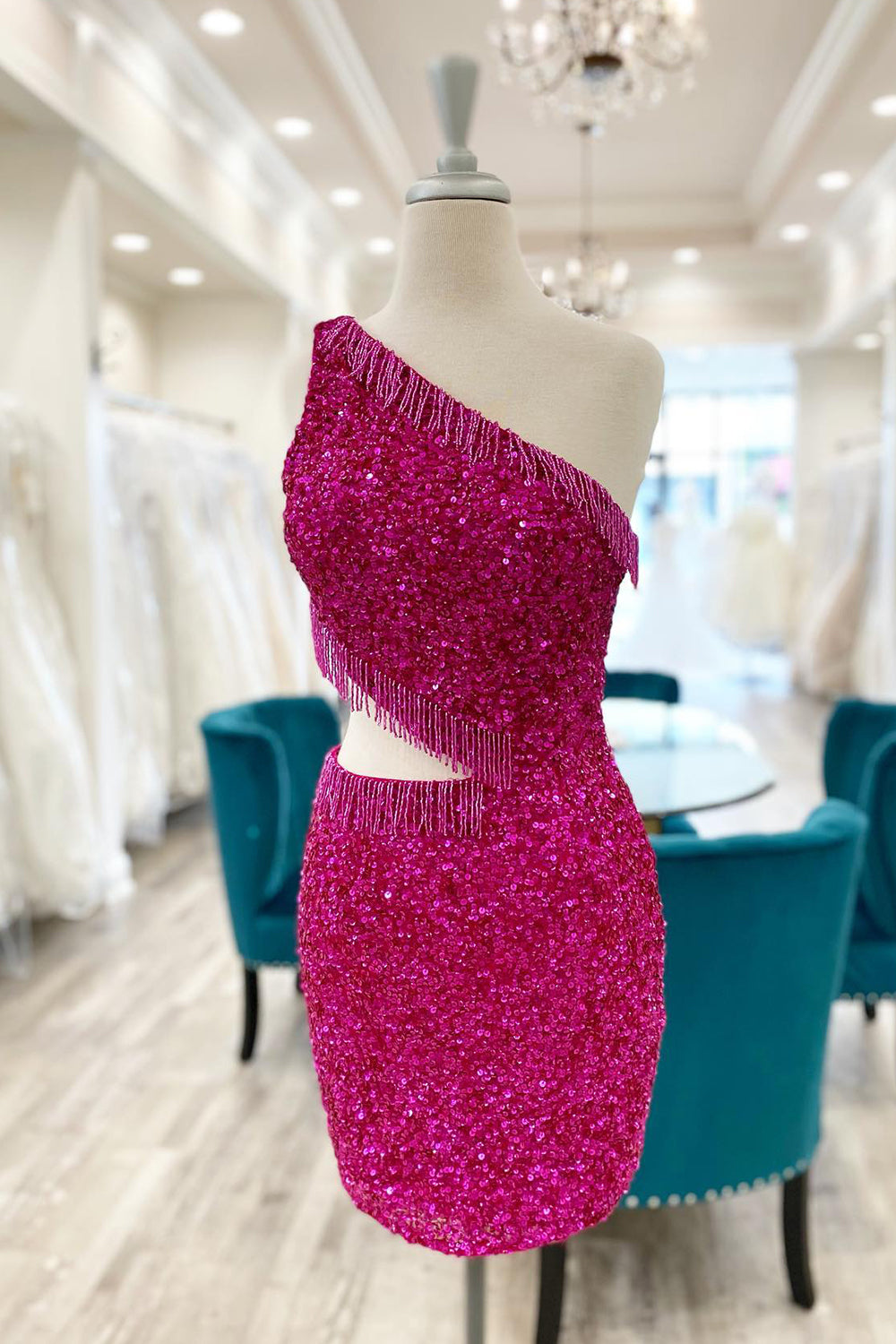 Sparkly Turquoise Sequins Fringed Cut Out Tight Short Homecoming Dress/Mini Dress