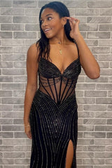 Long Black Corset Prom Dress with Mermaid Silhouette and Spaghetti Straps Featuring a Slit