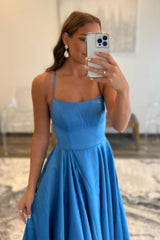 Simple Blue A-Line Prom Dress with Spaghetti Straps and Pockets