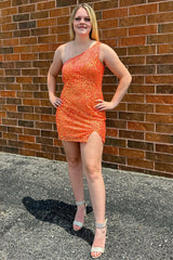 Sparkly Blue Fringed One Shoulder Tight Sequins Short Homecoming Dress/Mini Dress