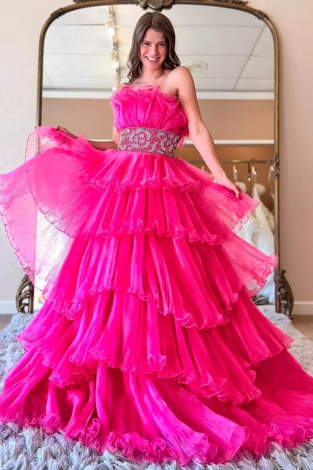 Long Blue Strapless Prom Dress with Beading in Princess Tulle