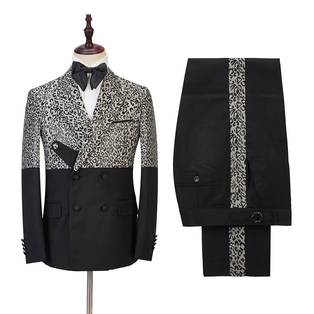 Stylish Black Ryder Print Prom Outfits Men Cool Leopard with Double-Breasted