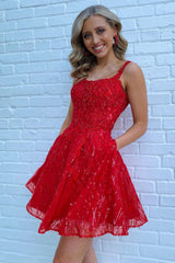 Sparkly Red Sequins A-Line Short Homecoming Dress/Mini Dress with Pockets