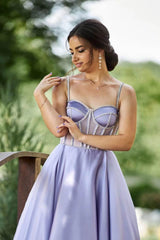 Lilac Spaghetti-Straps Tea Length Sleeveless Evening Dress With Beads
