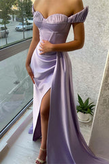 Stunning Lilac Off-The-Shoulder Slit Evening Dress Long With Ruffle