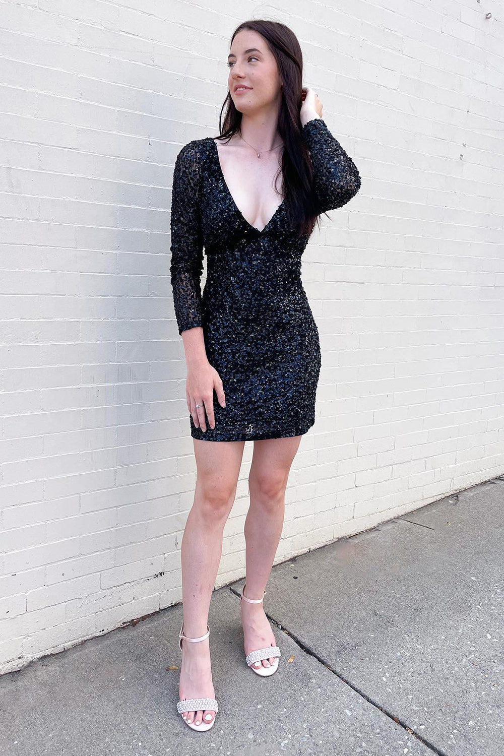 Sparkly Fuchsia Long Sleeves Tight Short Sequins Homecoming Dress/Mini Dress