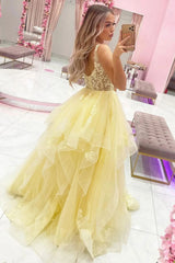 Yellow Long Prom Dress with Appliques in a Deep V-Neck A-Line Style