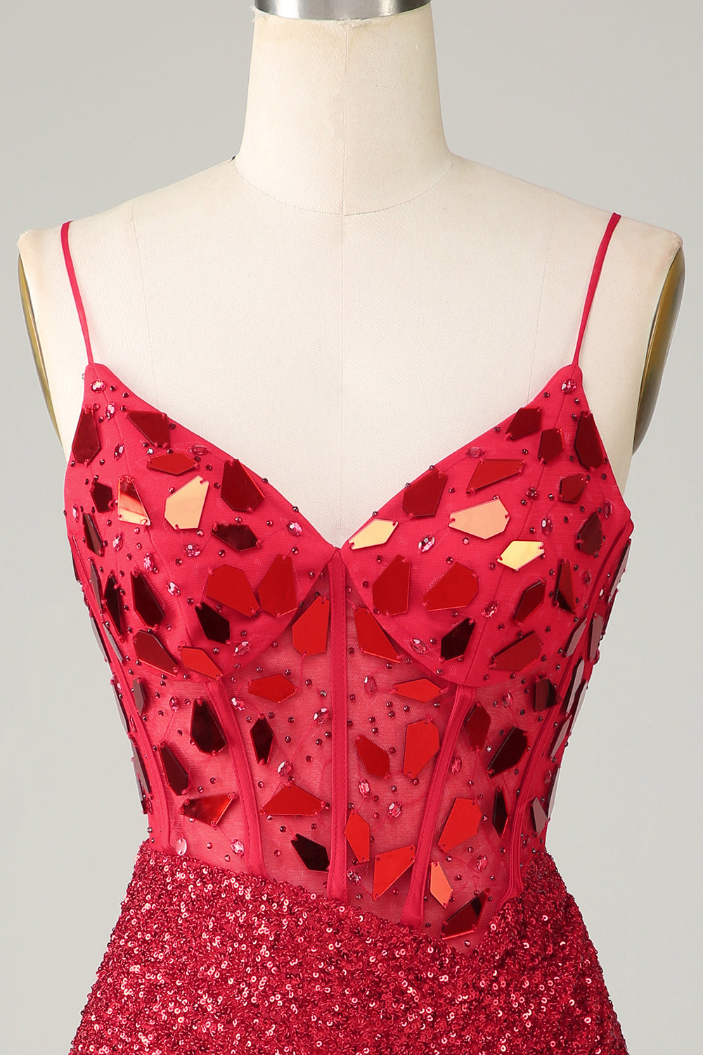 Red Glitter Corset Sequin Tight Short Mirror Homecoming Dress/Mini Dress