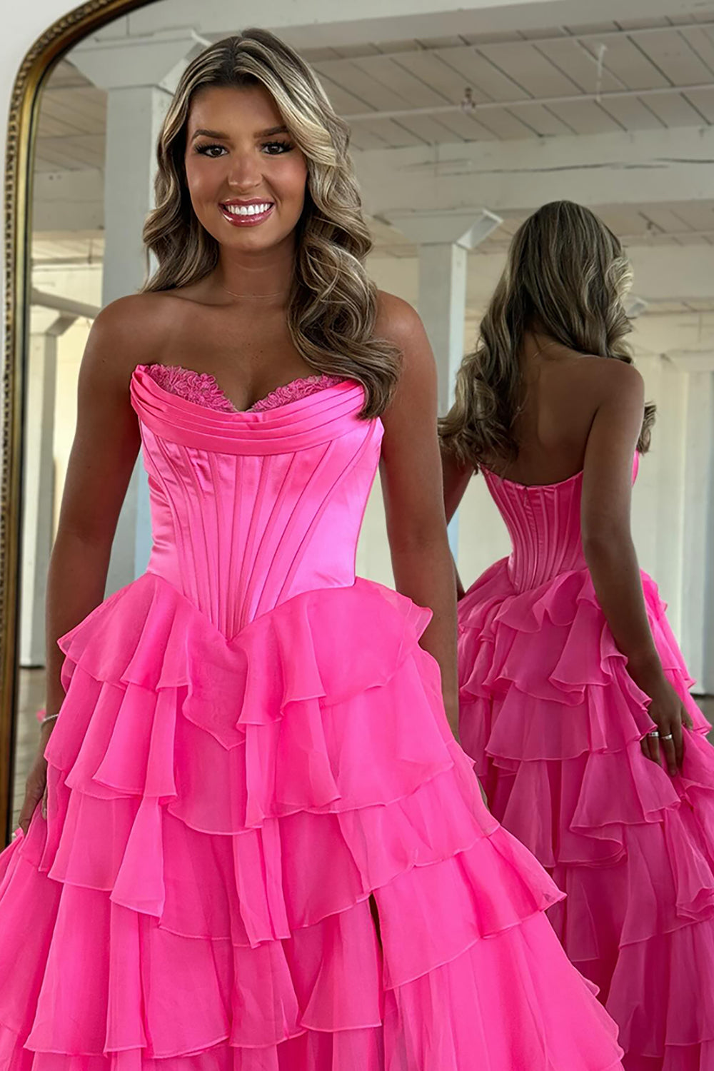 Sweetheart Corset A-Line Prom Dress in Fuchsia with Tiered Chiffon and Slit