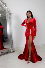Red Long Formal Dress Long Sleeves Simple With High Split Pleated