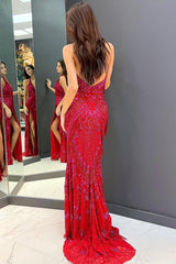 Long Red Sequined Prom Dress with Halter Neck and Open Back