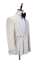 Chic Off-White Shawl-Lapel Slim-Fit Jacquard Wedding Suit for Men