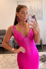 Hot Pink Long Mermaid Prom Dress with Beading and V Neck