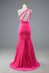 Long Prom Dress in Fuchsia with Sequin Details and Slit