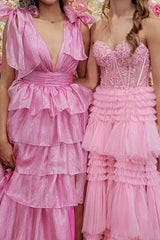 Pink Ruffled Prom Dress with Deep V Neckline in A-Line Style