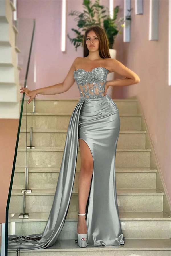 Sky Blue Mermaid Sweetheart Split Sleeveless Evening Dress Satin Ruffle with Beads