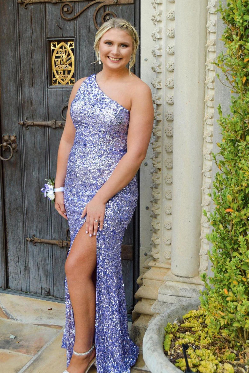 Long Black Glitter Prom Dress Featuring Sequins and a Slit