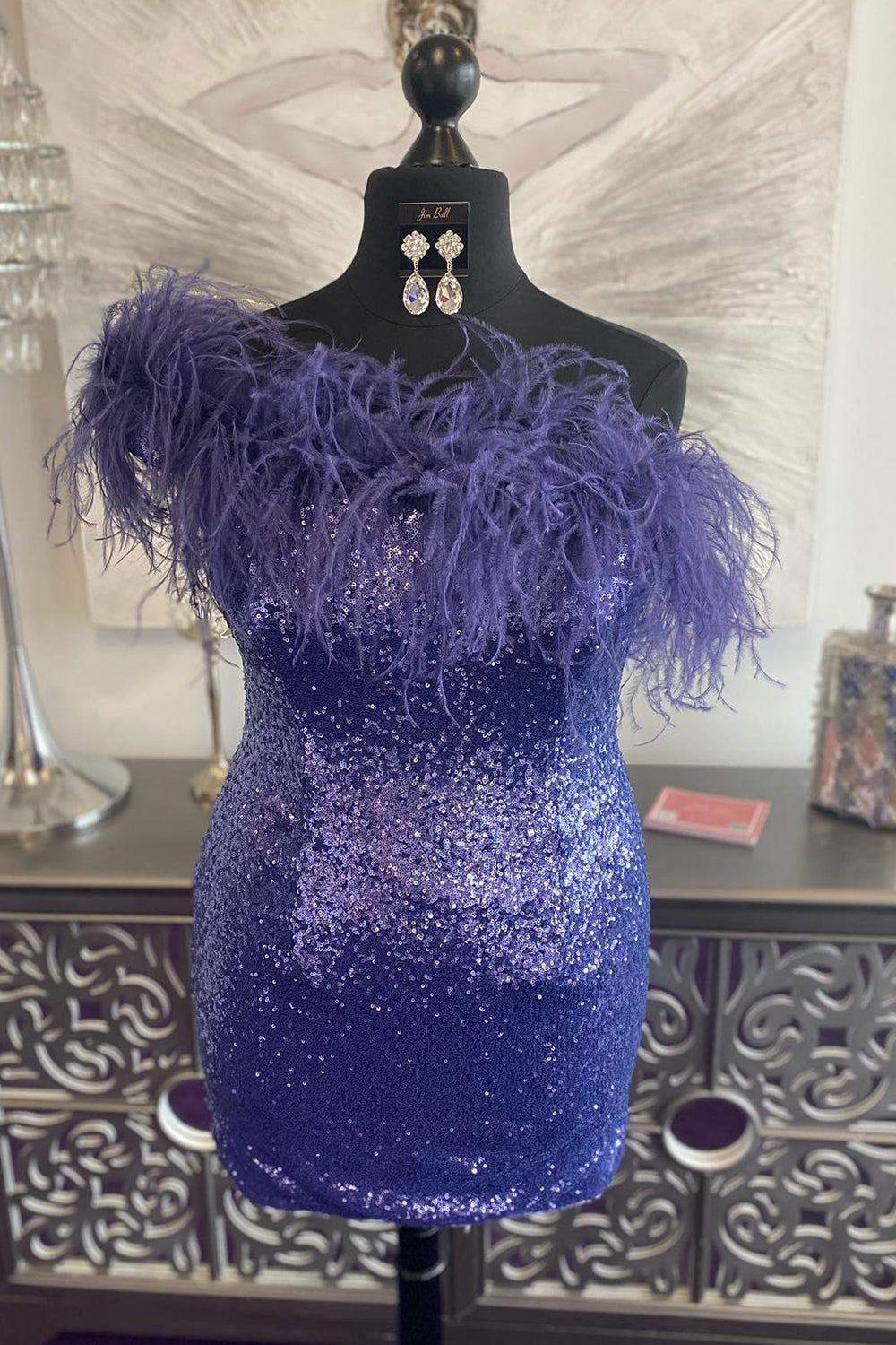 Blue Tight Sequins Homecoming Dress/Mini Dress with Feathers