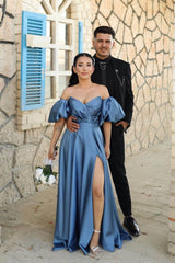 Off-The-Shoulder Dusty Blue Puff Sleeves Evening Dress With Front Split Sweetheart