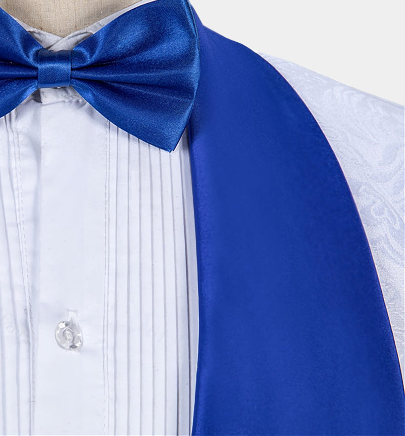 Blue Shawl Lapel Suit for Groom with White Jacquard Tuxedo