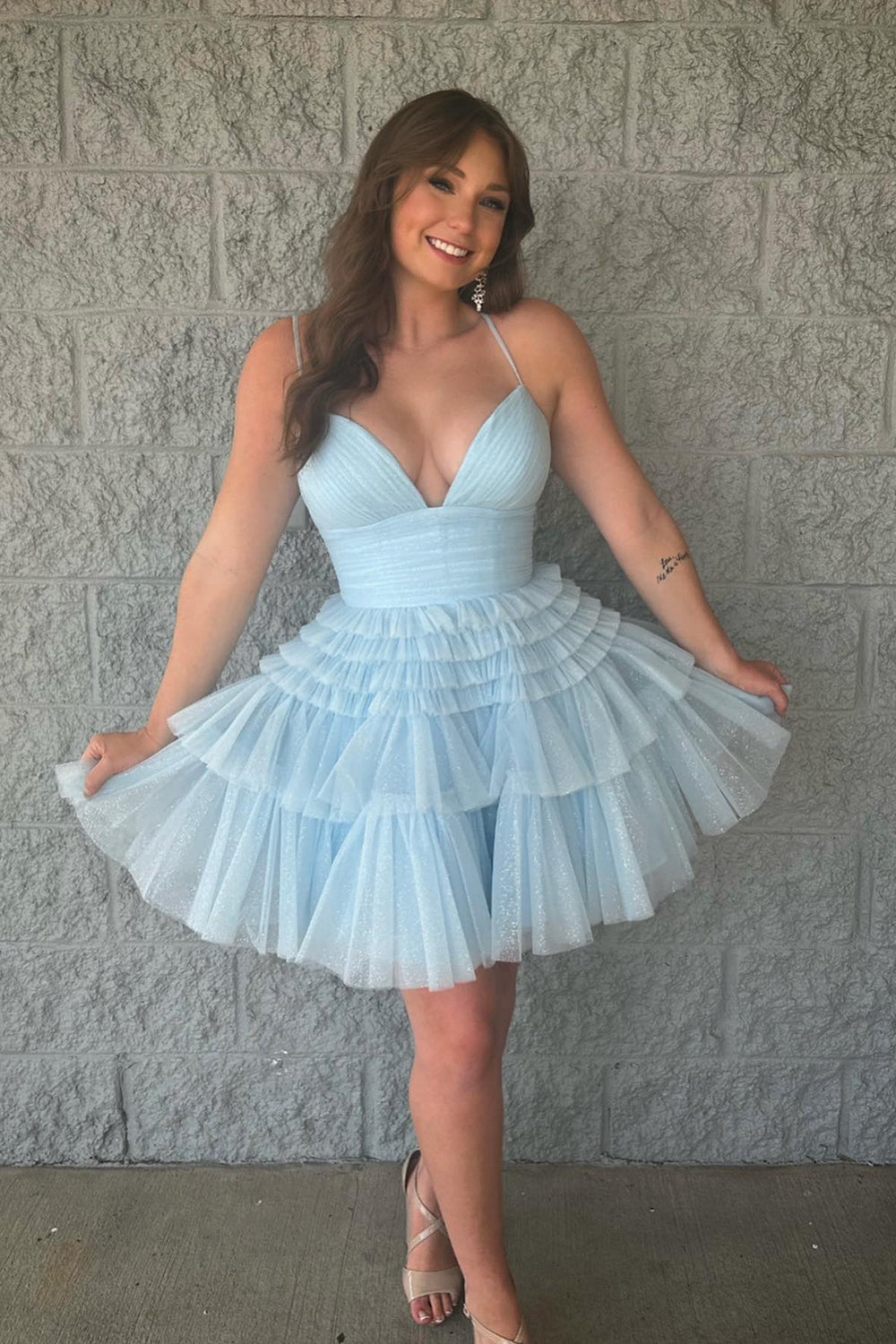 Glitter Blue A-Line Tulle Tiered Short Homecoming Dress/Mini Dress