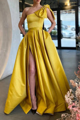 Long Yellow Prom Dress with One Shoulder A-Line and Front Split