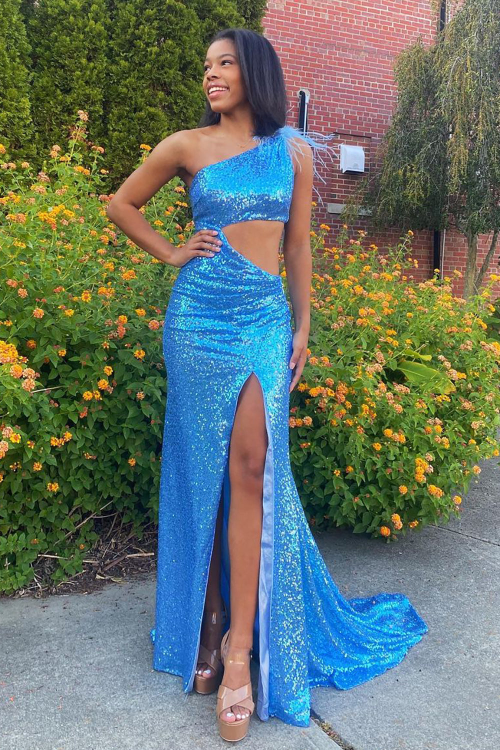 Blue Sequined Long Prom Dress with Feather - Sparkly Mermaid One Shoulder Design