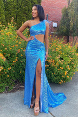 Blue Sequined Long Prom Dress with Feather - Sparkly Mermaid One Shoulder Design