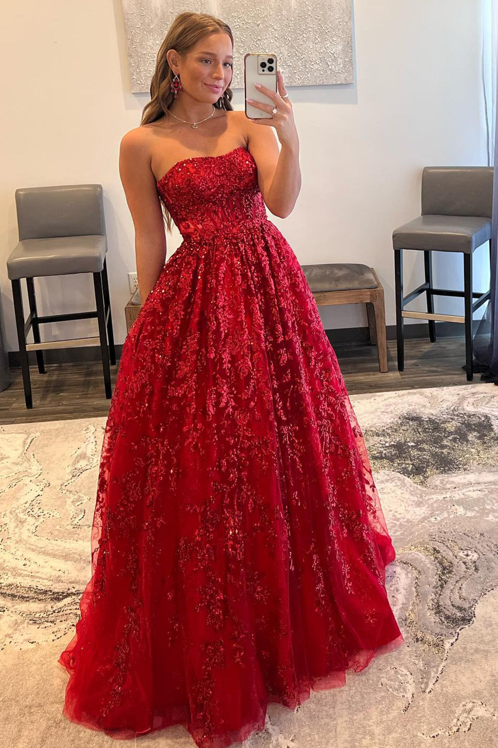 Long Red Strapless Prom Dress in A-Line Style