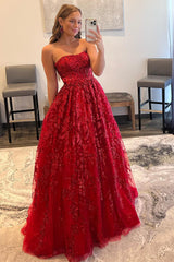Long Red Strapless Prom Dress in A-Line Style