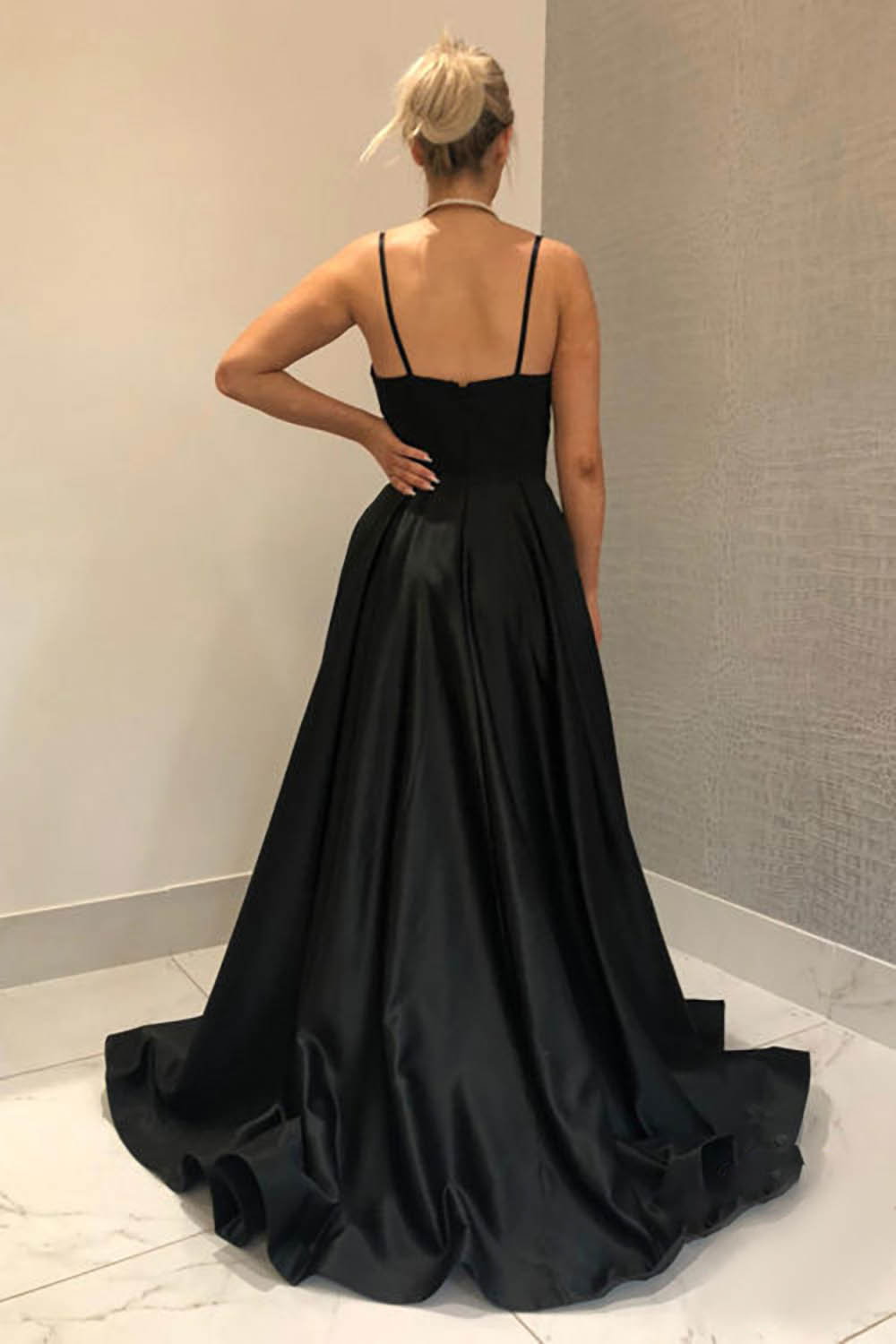 Black Long A-Line Prom Dress with Spaghetti Straps and Slit