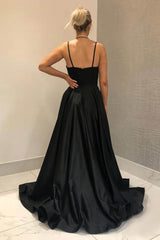 Black Long A-Line Prom Dress with Spaghetti Straps and Slit