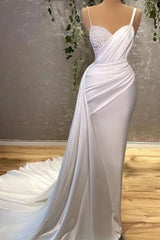 White Mermaid Spaghetti Strap Evening Dress Long With Pearls