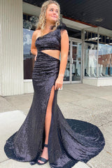 Black Sequined Long Prom Dress with Mermaid Cut and One-Shoulder Design
