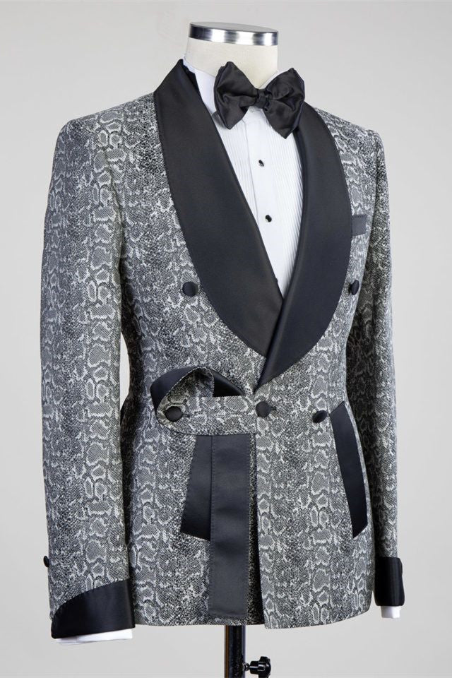 Khalil Gray Black Lapel Jacquard Wedding Men's Suits with Double-Breasted