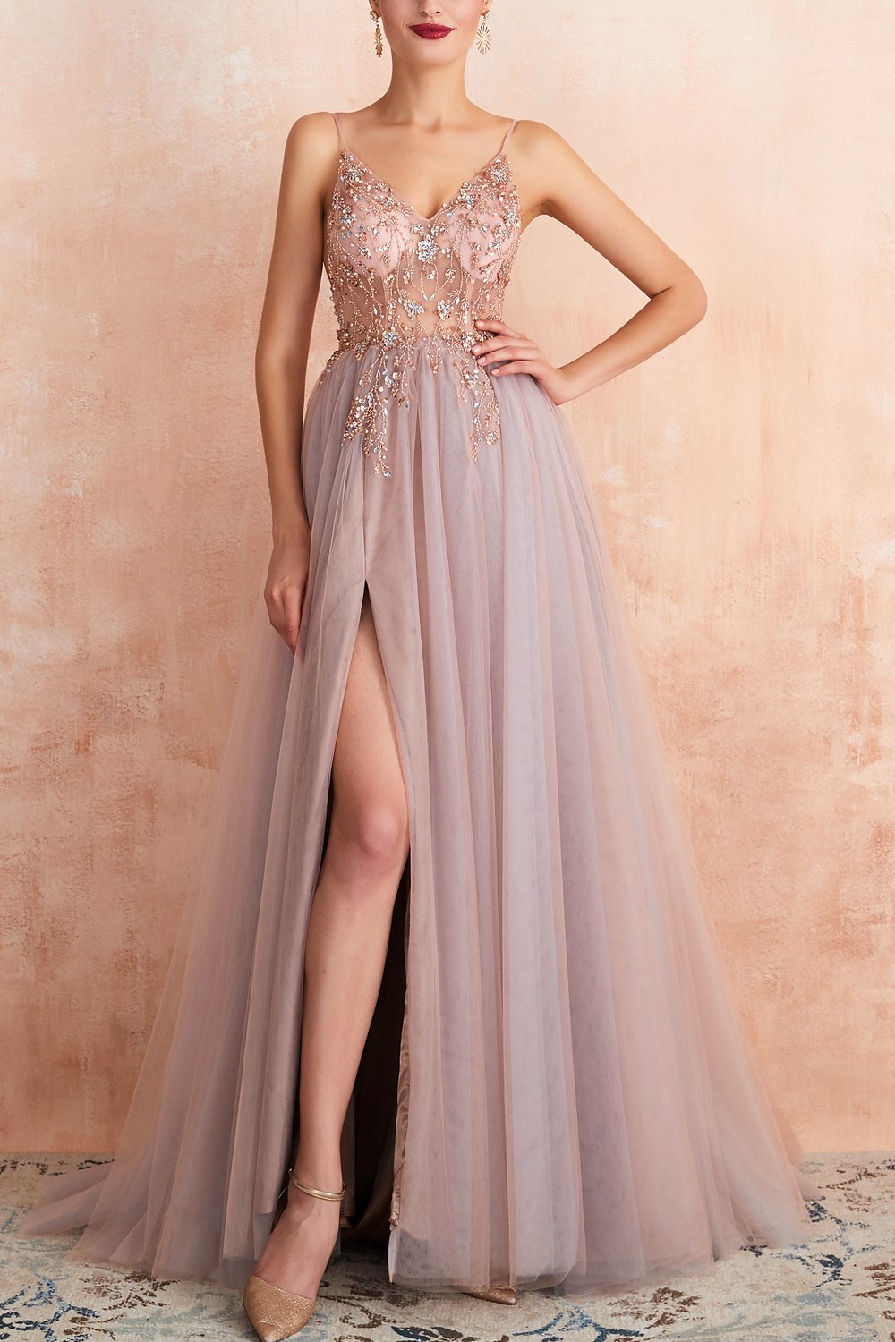Long Blue Prom Dress with Spaghetti Straps and Slit