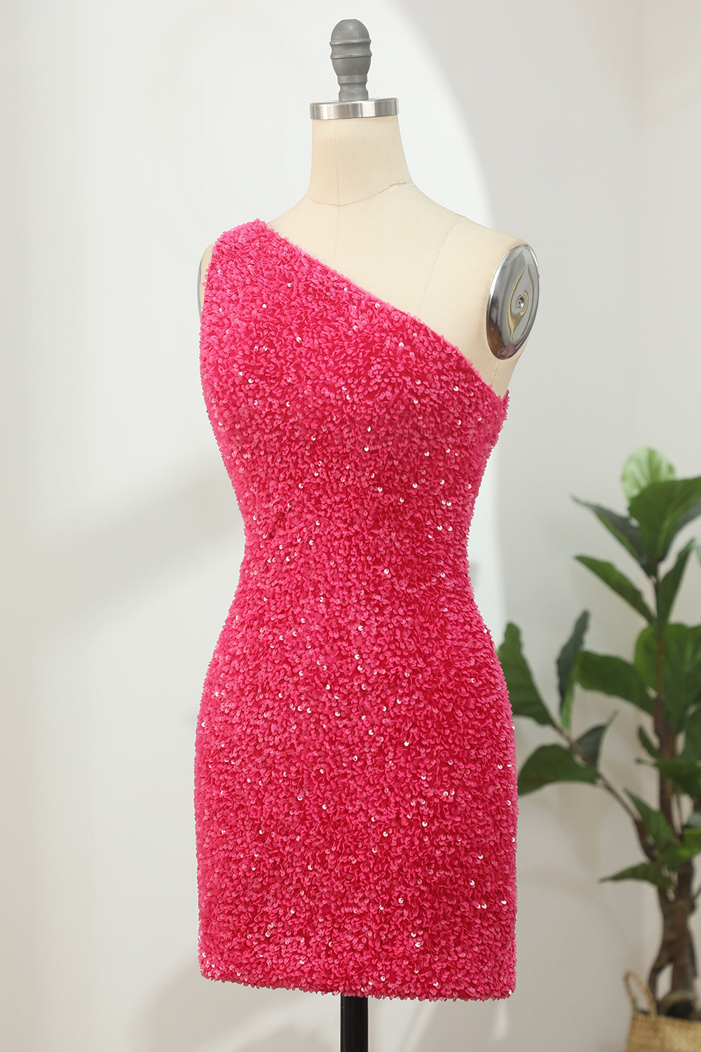 Hot Pink Open Sequins One Shoulder Tight Homecoming Dress/Mini Dress